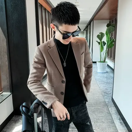男呢子西服秋冬毛呢短款修身夹克纯色百搭ins夹克外套潮牌小西装商品大图