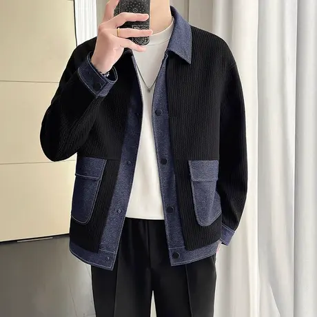 设计感拼接夹克男春秋季2023新款潮流韩版宽松肌理感轻熟外套上衣商品大图