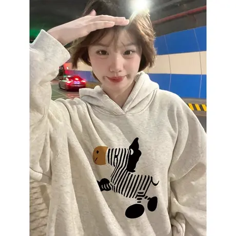 灰色连帽卫衣女2024新款春秋冬季百搭韩版宽松上衣卡通外套ins潮商品大图