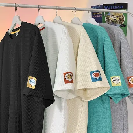 侧边绣标华夫格短袖t恤男夏季潮流宽松半袖上衣服港风ins潮牌体恤商品大图