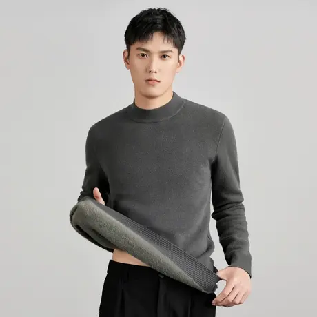 抗起球纯色中领毛衣男冬季新款加绒加厚内搭毛衫半高领打底针织衫商品大图
