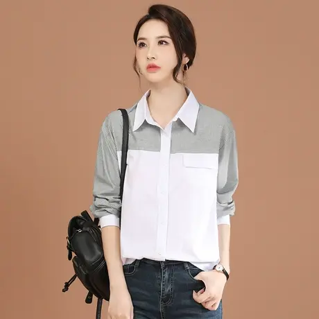 韩潮袭人条纹拼接长袖衬衣2024春季新款女士衬衫上衣设计感小众图片