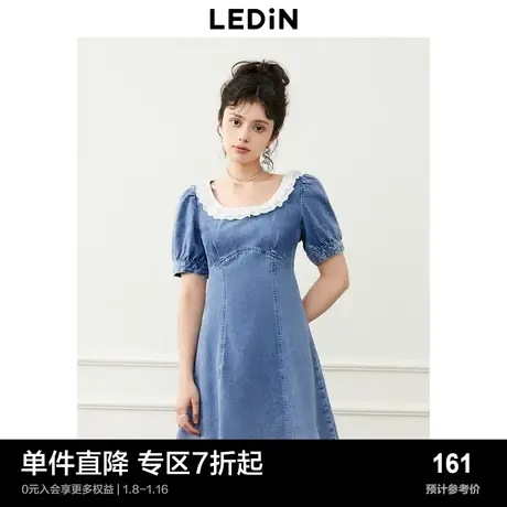 乐町甜美花边领连衣裙夏季收腰简约牛仔短裙短袖连衣裙图片