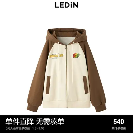 【商场同款】乐町复古拼色印花短外套拼接连帽开衫卫衣C2BBD4128商品大图