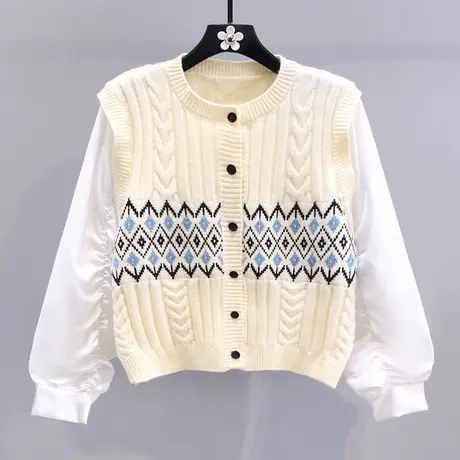 复古提花衬衫拼接毛衣外套女冬季2024新款时尚假两件减龄针织开衫图片