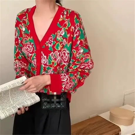 春季新款红色毛衣女本命年2024年洋气毛衣针织开衫套头外套上衣女商品大图