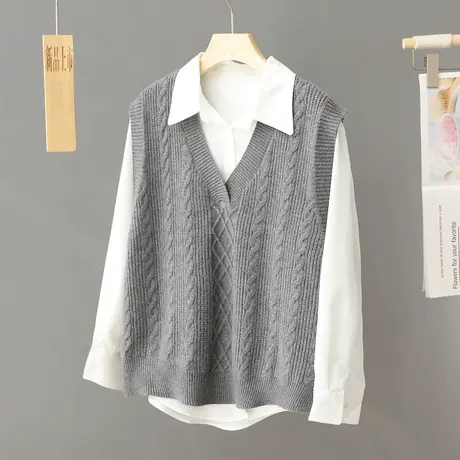 2024早春新款V领学院风针织马甲背心女无袖毛衣叠穿洋气上衣外搭图片