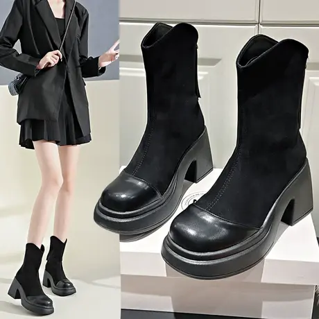 马丁靴子女复古高级感洋气炸街短靴粗跟厚底高跟鞋女显瘦瘦靴女靴图片