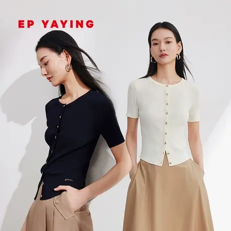 EP YAYING雅莹女装 通勤纯色圆领短袖针织开衫 2024早春新品9178A商品大图