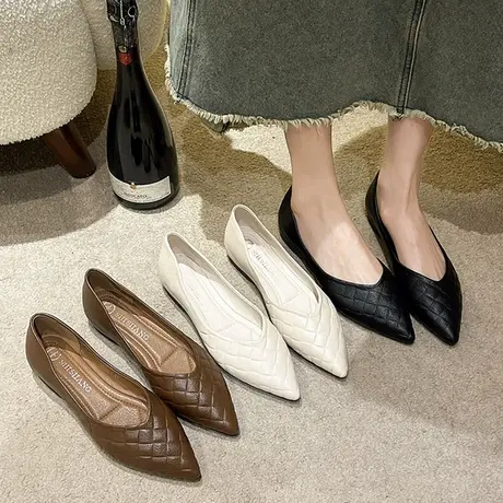 舒适编织尖头单鞋女2024新款夏复古百搭平底鞋软皮软底船鞋奶奶鞋商品大图