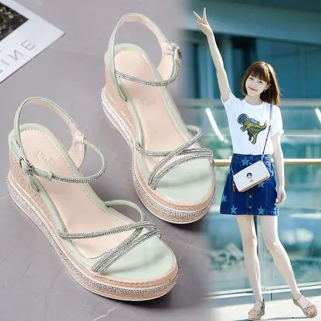 厚底松糕凉鞋女2022年夏季新款仙女风坡跟水钻交叉一字带高跟鞋女商品大图