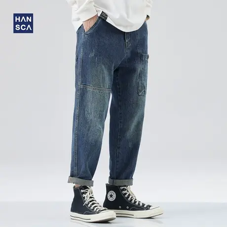 hansca直筒牛仔裤男春季美式高街复古水洗拼接大码休闲阔腿长裤子商品大图