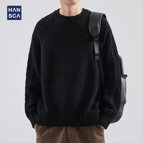 hansca粗针麻花针织毛衣男秋冬季日系复古vintage简约纯色针织衫商品大图