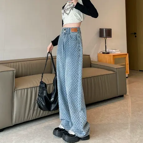 设计感提花窄版阔腿牛仔裤女2024春夏新款高腰宽松显瘦拖地直筒裤图片