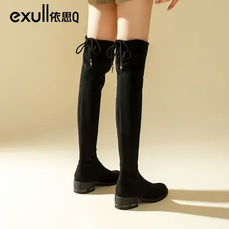 依思q过膝靴女冬季2023年新款绒面长靴粗跟长统靴黑色小个子女靴商品大图
