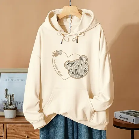 春秋连帽卫衣女2023秋季新款带帽子女装衣服宽松薄款米色百搭上衣商品大图