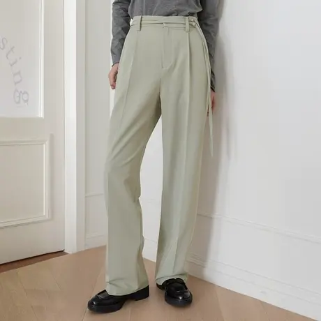 omont蛋挞家 复古黑色高腰直筒垂感长裤女夏设计感腰头飘带休闲裤商品大图