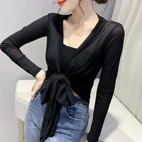 2023春装新款加绒网纱长袖开衫薄款纱披风外套外搭小披肩上衣女潮商品大图