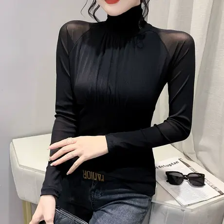 网纱高领打底衫女春秋2023新款气质百搭黑色长袖T恤别致褶皱上衣商品大图