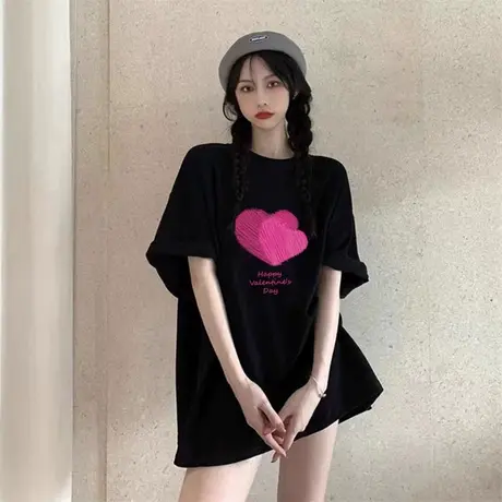 中长款下衣失踪黑色短袖t恤女夏季宽松遮屁股百搭别致纯棉小众ins商品大图