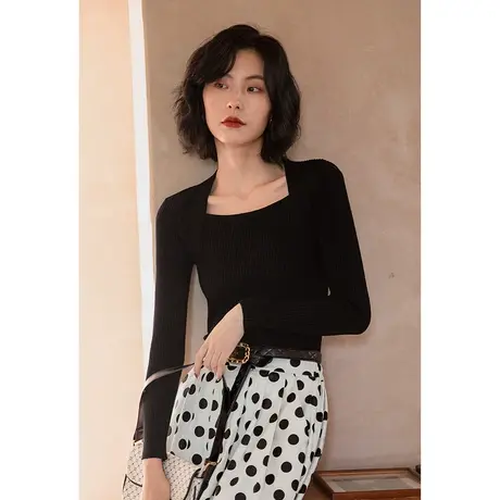 弥古法式方领黑色针织衫小众设计感显瘦上衣女春秋长袖打底衫内搭商品大图