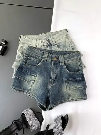 韩版洋气口袋工装牛仔短裤女2023年夏季新款高腰弹力修身热裤ins商品大图