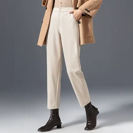 米色哈伦裤女2023新款毛呢裤休闲西装裤秋冬妈妈裤子九分裤萝卜裤商品大图