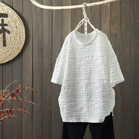 枫谜21年夏季文艺简约褶皱圆领全棉短袖T恤女宽松休闲半袖上衣图片