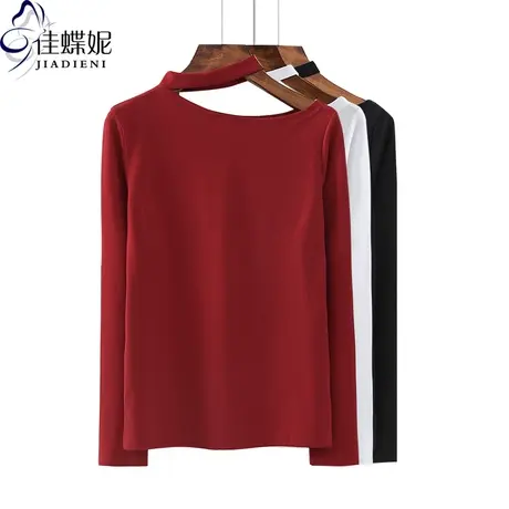 早春网红同款修身红色长袖打底衫T恤斜领露肩纯棉内搭上衣小心机商品大图