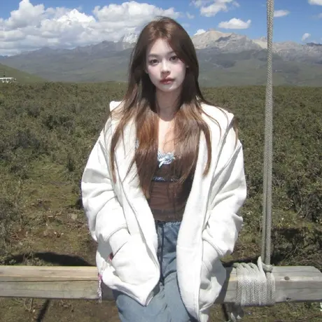 美式连帽开衫卫衣女春秋薄款宽松慵懒风休闲百搭拉链上衣外套潮牌图片