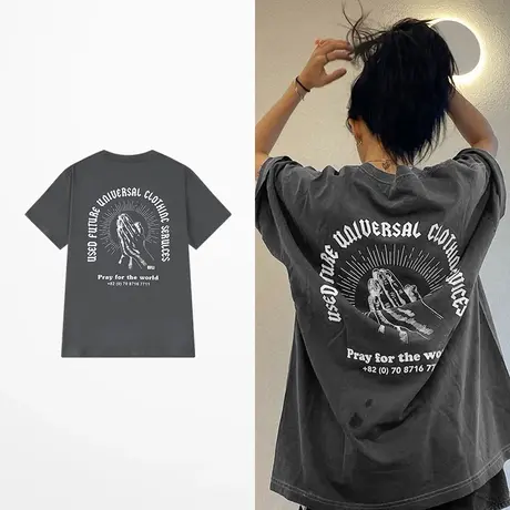 大码胖mm炸街夏装上衣纯棉复古短袖hiphop高街宽松美式休闲t恤女商品大图