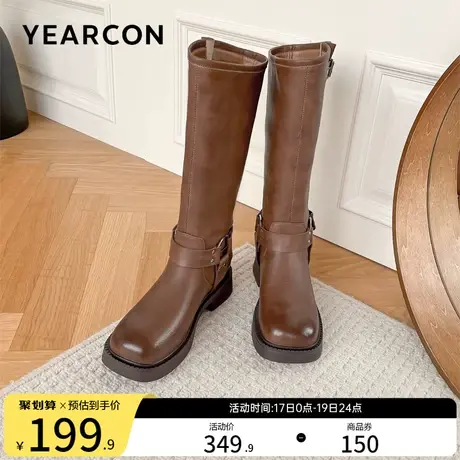 意尔康女鞋2023秋季纯皮长靴粗跟单靴西部骑士靴高筒不过膝显瘦商品大图