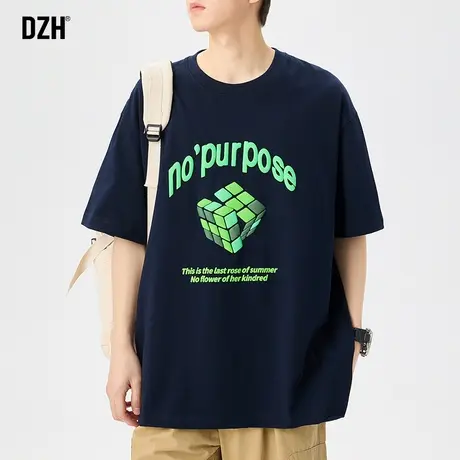 男士重磅纯棉藏青色t恤男短袖美式潮牌2023新款圆领上衣宽松半袖商品大图