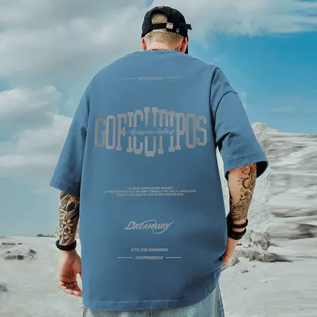 oversize美式重磅潮牌胖子男装大码嘻哈宽松短袖T恤五分男款半袖商品大图