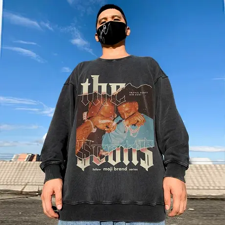 大码无帽美式重磅复古潮牌胖子男装水洗做旧圆领卫衣男秋冬款加绒商品大图