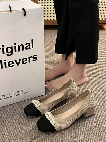 小香风珍珠单鞋女中跟2023年韩版气质仙女风温柔一脚蹬粗跟奶奶鞋图片