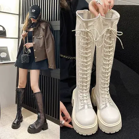 拉链凉靴女2023年春季新款小个子松糕厚底增高靴子法式网面长筒靴商品大图