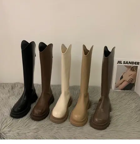 长筒靴女厚底2023年新款春秋季加绒v口高筒靴子女长靴白色骑士靴图片