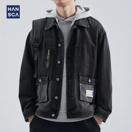 hansca日系潮流牛仔外套男秋季新款黑色宽松大码休闲翻领工装夹克商品大图