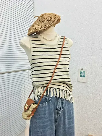 春夏秋季新款弹力圆领流苏条纹针织背心女外穿内搭小众无袖线衣潮图片
