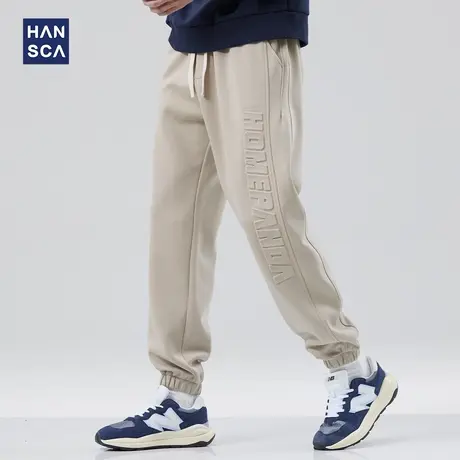 hansca加绒运动裤男春秋款宽松潮牌字母抽绳裤子休闲百搭束脚卫裤图片
