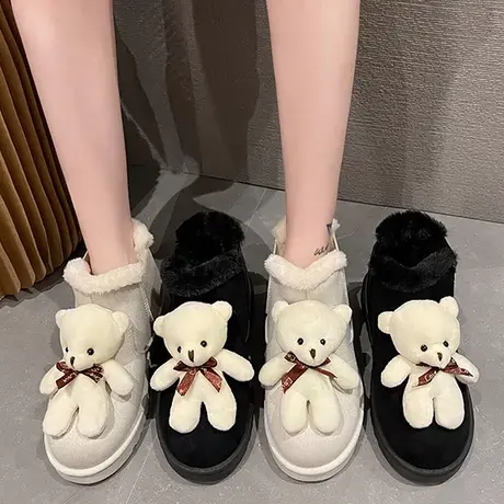 小熊卡通雪地靴女2023新款皮毛一体棉靴子冬季加绒加厚东北大棉鞋图片