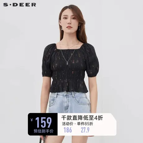 sdeer圣迪奥雪纺衬衫夏装方领印花褶皱短款上衣S22280430商品大图
