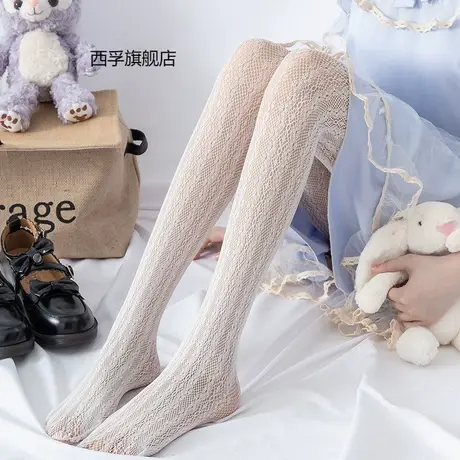 lolita蕾丝竖条小花网袜打底连裤袜日系洛丽塔复古镂空网眼丝袜子图片