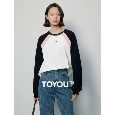 TOYOUTH初语美式高阶宽松撞色字母T恤女2024年春季新款磨毛打底衫图片