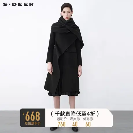 sdeer圣迪奥冬围巾拼接不规则长款黑色毛呢大衣S21481857图片