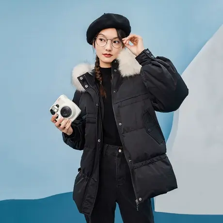 茵曼休闲女2023冬季新款宽松面包服保暖连帽毛领白鸭绒短款羽绒服图片