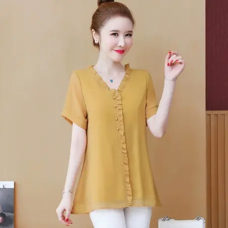 雪纺衫女短袖夏装2023年新款洋气宽松大码胖mm遮肚子上衣显瘦藏肉商品大图