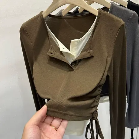 设计感拼接假两件抽绳长袖T恤女2023早秋新款洋气短款打底衫上衣图片