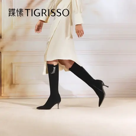 月下蝶舞蹀愫冬季羊绒尖头细跟时装靴两穿增高女长筒靴商品大图